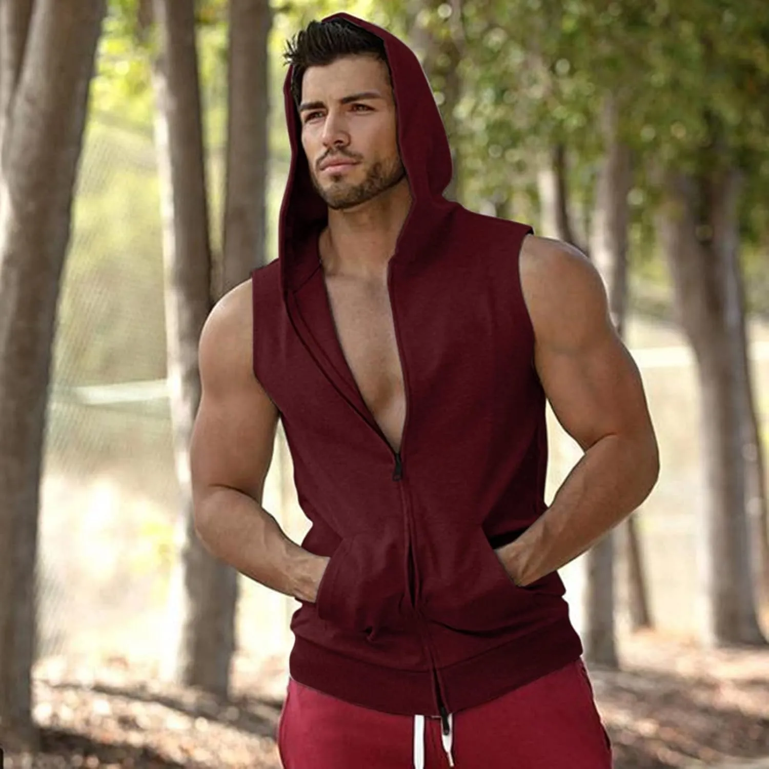 Mens Workout Hooded Tank Tops Zip Up Sleeveless Gym Training Hoodies Bodybuilding Muscle Cut Off T Shirts with Pockets