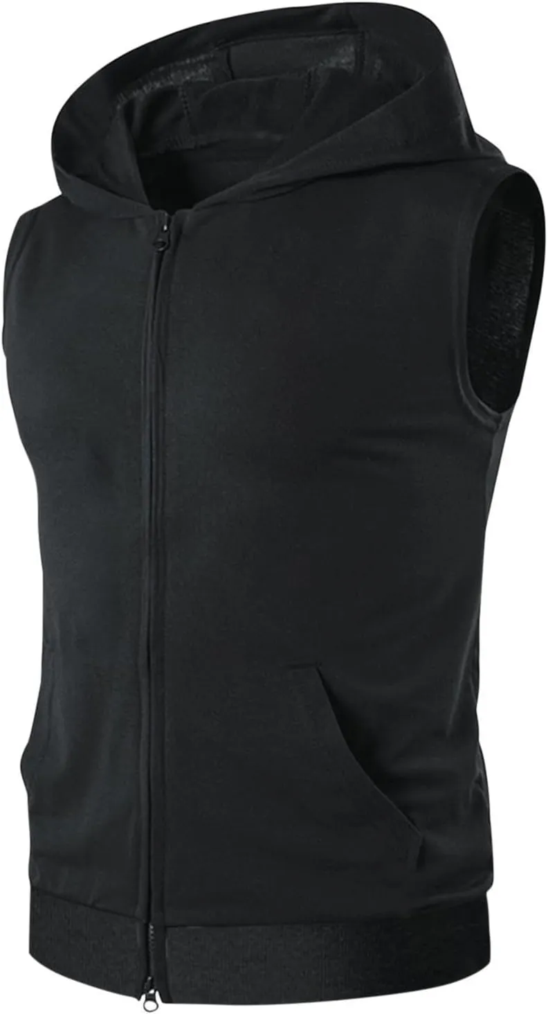 Mens Workout Hooded Tank Tops Zip Up Sleeveless Gym Training Hoodies Bodybuilding Muscle Cut Off T Shirts with Pockets