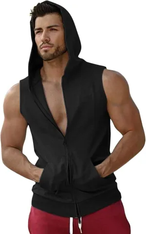 Mens Workout Hooded Tank Tops Zip Up Sleeveless Gym Training Hoodies Bodybuilding Muscle Cut Off T Shirts with Pockets