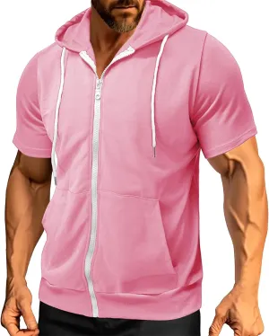 Mens Zip Up Hoodie Summer Casual Lightweight Short Sleeve Drawstring Gym Athletic Hooded Sweatshirts with Pockets