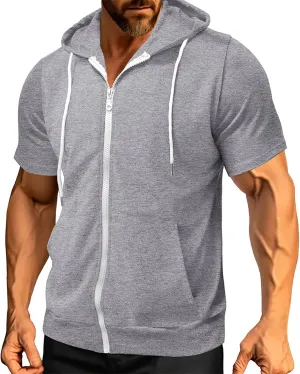 Mens Zip Up Hoodie Summer Casual Lightweight Short Sleeve Drawstring Gym Athletic Hooded Sweatshirts with Pockets