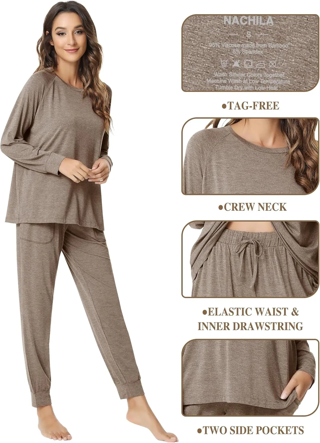 NACHILA Pajamas for Women-Viscose Made from Bamboo,Long Sleeve Pajama Sets Crew Neck Pj with Joggers Comfy Loungewear