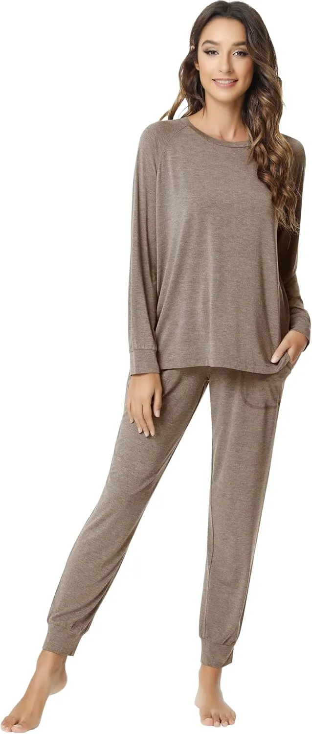 NACHILA Pajamas for Women-Viscose Made from Bamboo,Long Sleeve Pajama Sets Crew Neck Pj with Joggers Comfy Loungewear