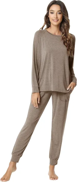 NACHILA Pajamas for Women-Viscose Made from Bamboo,Long Sleeve Pajama Sets Crew Neck Pj with Joggers Comfy Loungewear