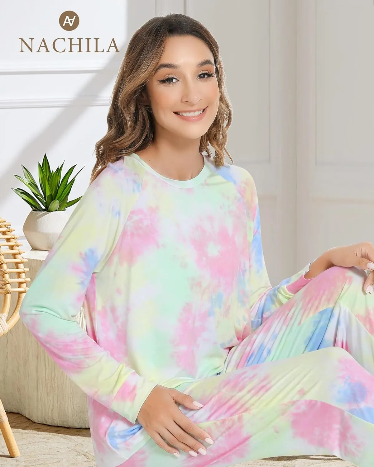 NACHILA Pajamas for Women-Viscose Made from Bamboo,Long Sleeve Pajama Sets Crew Neck Pj with Joggers Comfy Loungewear