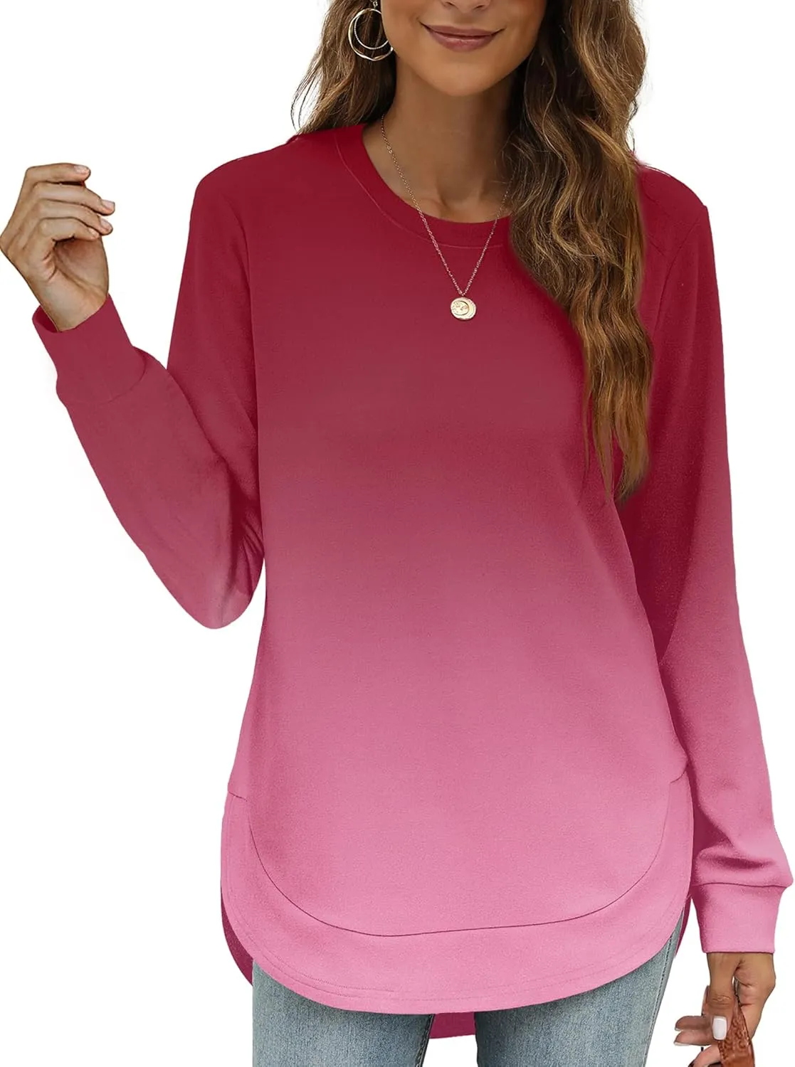 OFEEFAN Crew Neck Sweatshirts Women Tunic Tops For Women Loose Fit Curved Hem