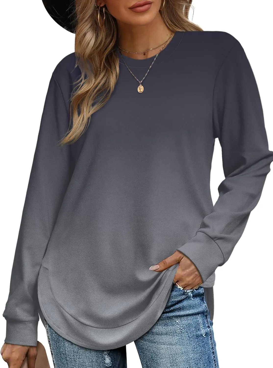 OFEEFAN Crew Neck Sweatshirts Women Tunic Tops For Women Loose Fit Curved Hem