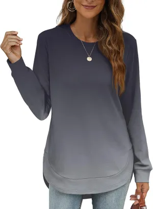 OFEEFAN Crew Neck Sweatshirts Women Tunic Tops For Women Loose Fit Curved Hem