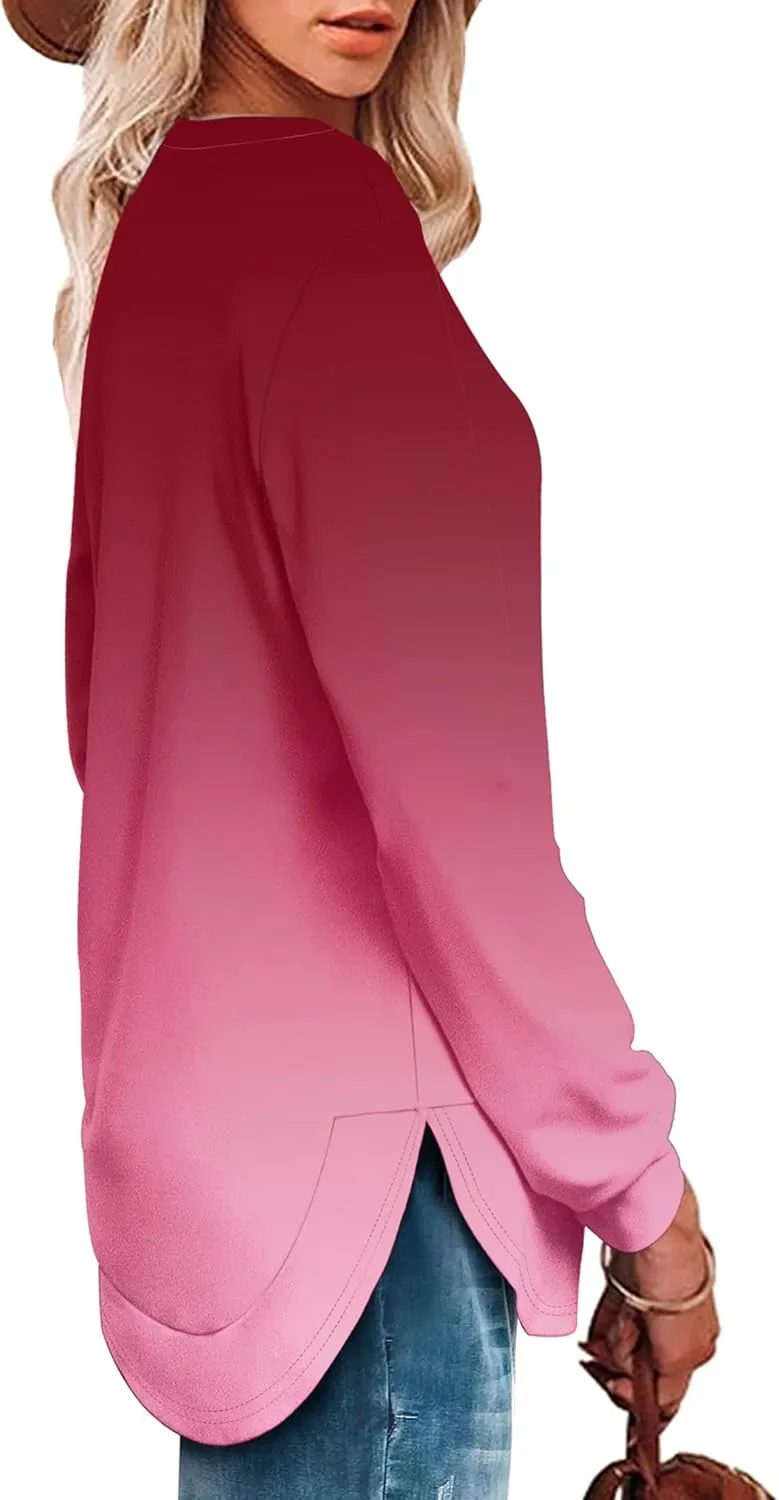 OFEEFAN Crew Neck Sweatshirts Women Tunic Tops For Women Loose Fit Curved Hem