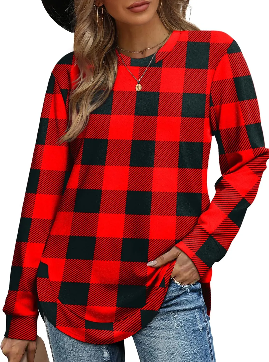 OFEEFAN Crew Neck Sweatshirts Women Tunic Tops For Women Loose Fit Curved Hem