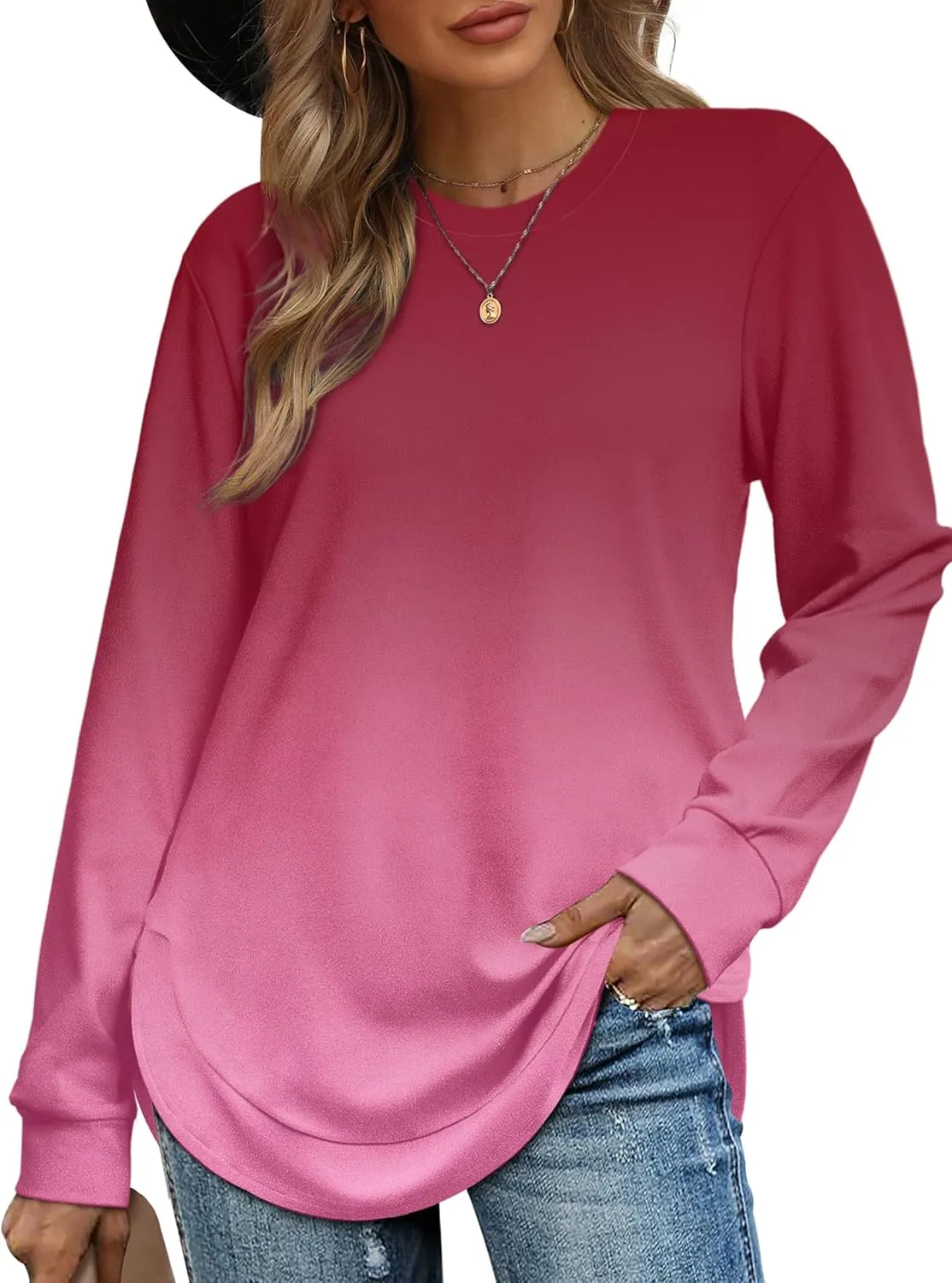 OFEEFAN Crew Neck Sweatshirts Women Tunic Tops For Women Loose Fit Curved Hem