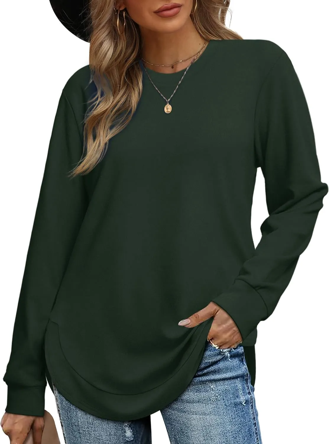 OFEEFAN Womens Sweatshirt Crewneck Long Sleeve Shirts High Low Tops Curved Hem
