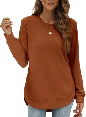 OFEEFAN Womens Sweatshirt Crewneck Long Sleeve Shirts High Low Tops Curved Hem