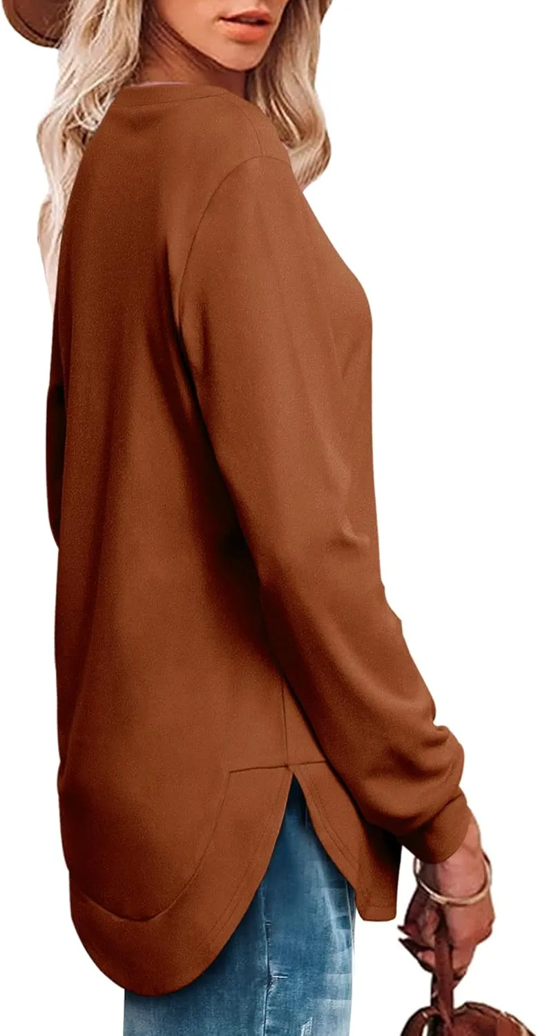 OFEEFAN Womens Sweatshirt Crewneck Long Sleeve Shirts High Low Tops Curved Hem