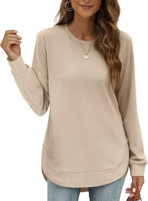 OFEEFAN Womens Sweatshirt Crewneck Long Sleeve Shirts High Low Tops Curved Hem