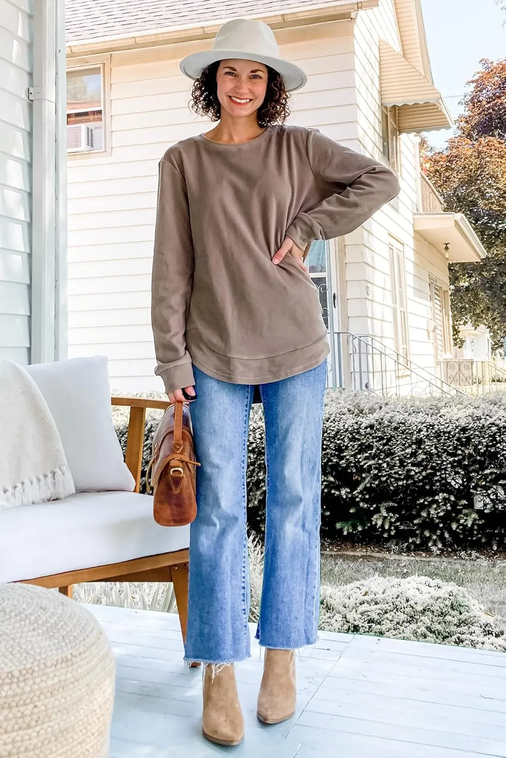 OFEEFAN Womens Sweatshirt Crewneck Long Sleeve Shirts High Low Tops Curved Hem