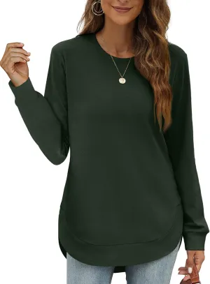 OFEEFAN Womens Sweatshirt Crewneck Long Sleeve Shirts High Low Tops Curved Hem