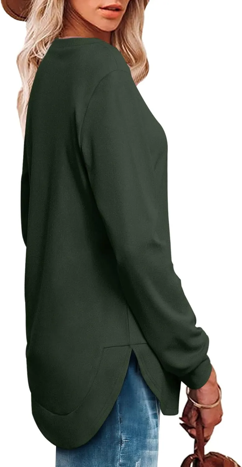 OFEEFAN Womens Sweatshirt Crewneck Long Sleeve Shirts High Low Tops Curved Hem