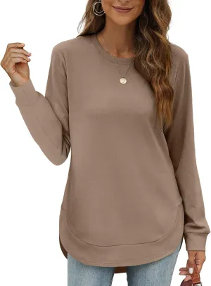 OFEEFAN Womens Sweatshirt Crewneck Long Sleeve Shirts High Low Tops Curved Hem