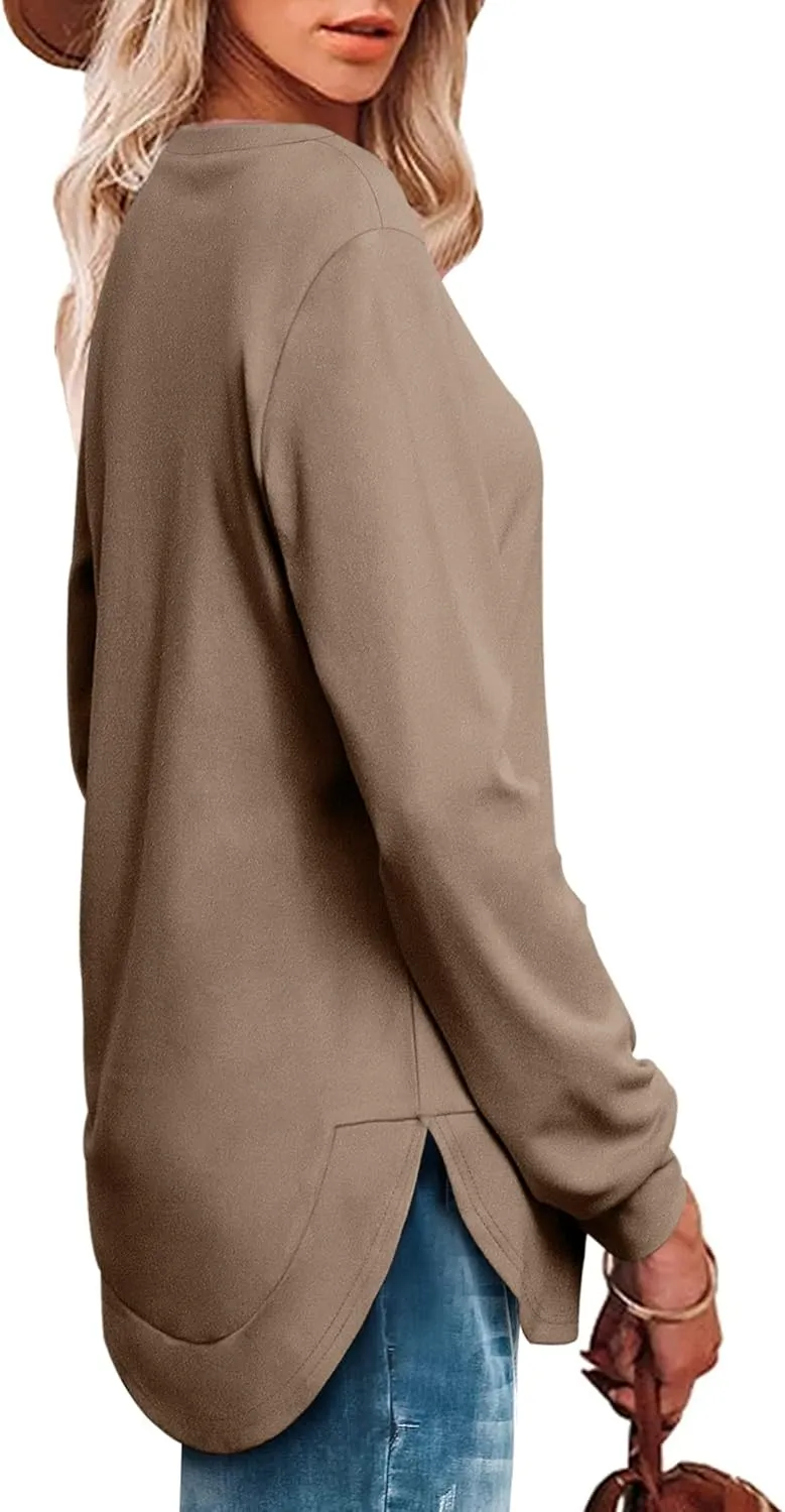 OFEEFAN Womens Sweatshirt Crewneck Long Sleeve Shirts High Low Tops Curved Hem
