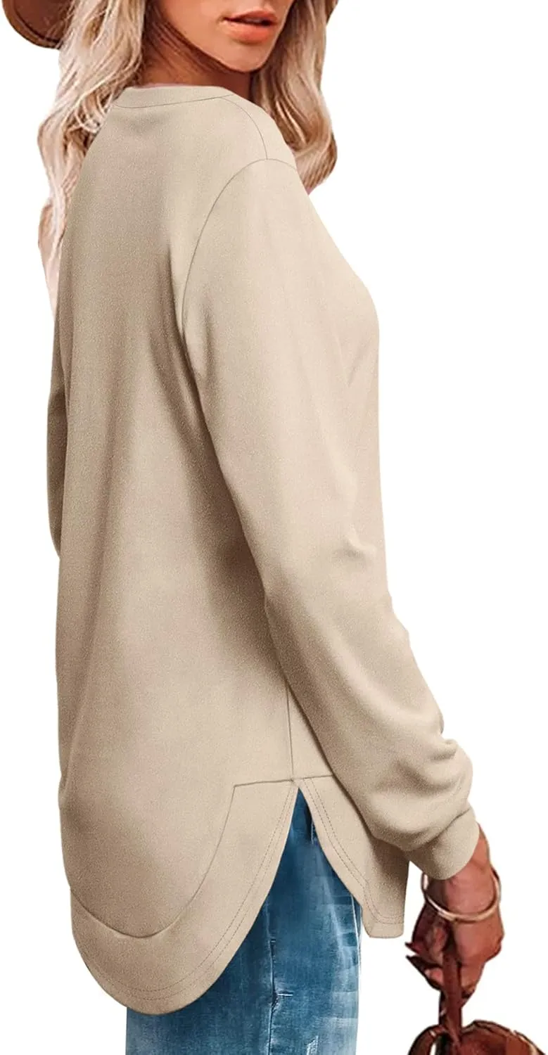 OFEEFAN Womens Sweatshirt Crewneck Long Sleeve Shirts High Low Tops Curved Hem