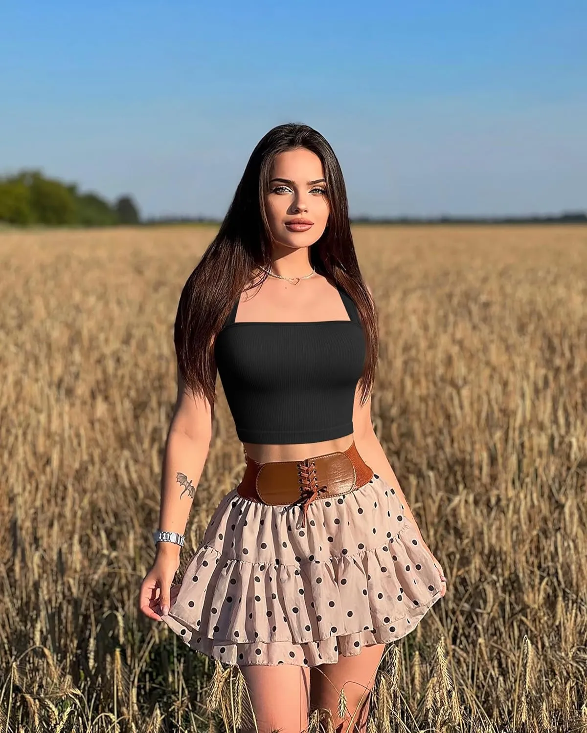 OQQ Women's 3 Piece Tank Tops Strappy Sleeveless Square Neck Stretch Tee Shirts Crop Camis