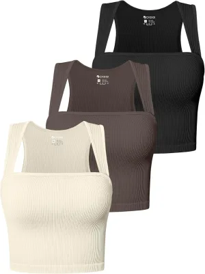 OQQ Women's 3 Piece Tank Tops Strappy Sleeveless Square Neck Stretch Tee Shirts Crop Camis