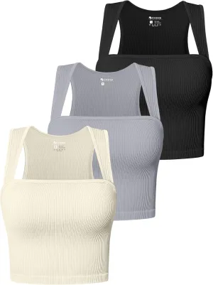 OQQ Women's 3 Piece Tank Tops Strappy Sleeveless Square Neck Stretch Tee Shirts Crop Camis