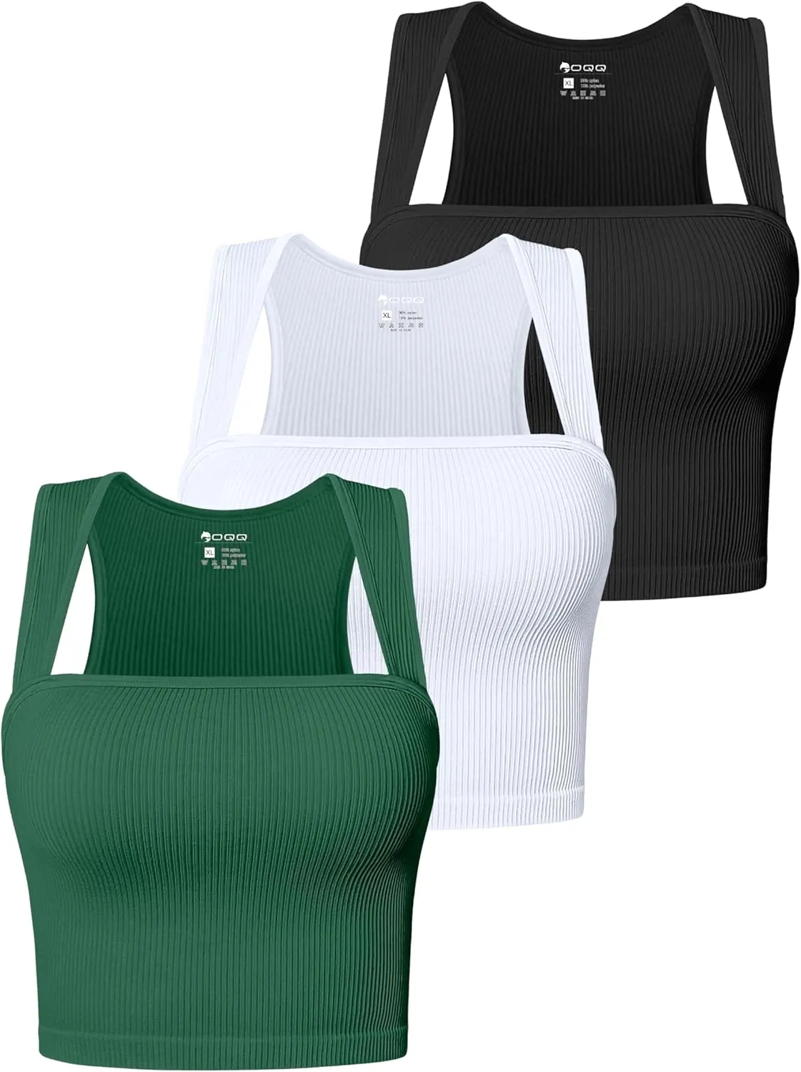 OQQ Women's 3 Piece Tank Tops Strappy Sleeveless Square Neck Stretch Tee Shirts Crop Camis