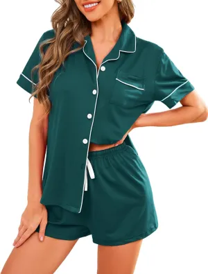 Pajama Set for Women 2 Piece Sleepwear Short Sleeve Button Tops and Pj Shorts Chest Pocket