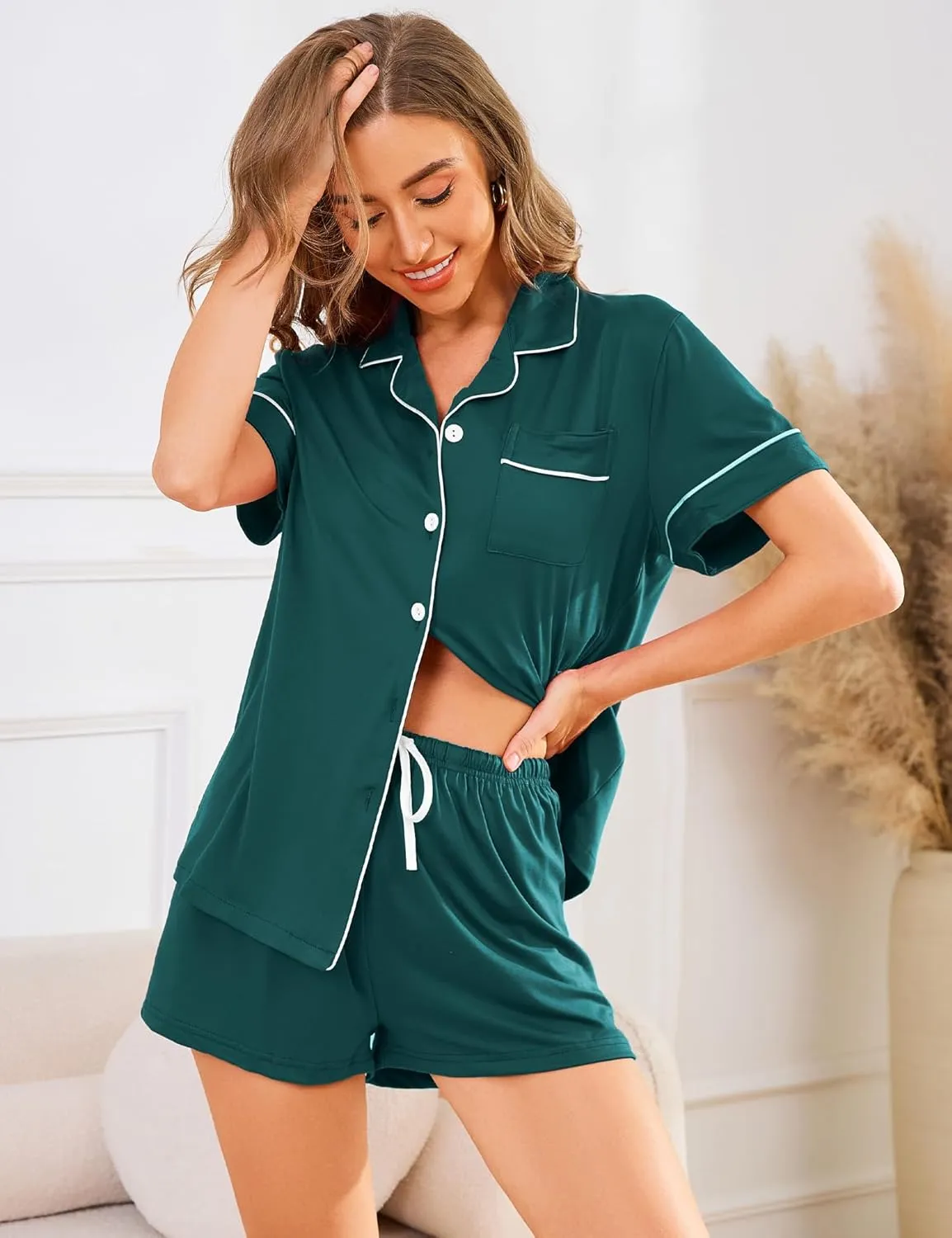 Pajama Set for Women 2 Piece Sleepwear Short Sleeve Button Tops and Pj Shorts Chest Pocket