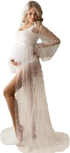 Pearl Maternity Dress for Photoshoot Long Puffy Sleeves Tulle Robe for Wedding Bridal Lingerie Baby Shower Robes