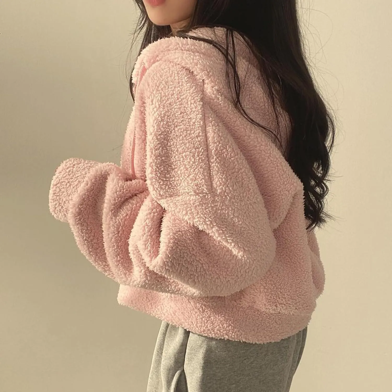 Perbai Womens Fuzzy Fleece Cropped Hoodie Zip Up Fluffy Sherpa Sweatshirt Jacket with Pockets