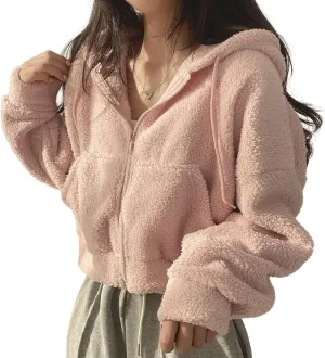 Perbai Womens Fuzzy Fleece Cropped Hoodie Zip Up Fluffy Sherpa Sweatshirt Jacket with Pockets