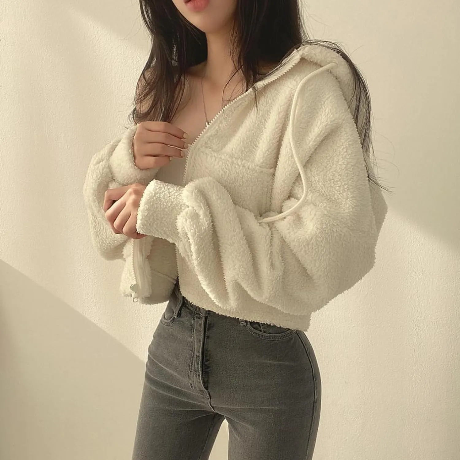 Perbai Womens Fuzzy Fleece Cropped Hoodie Zip Up Fluffy Sherpa Sweatshirt Jacket with Pockets