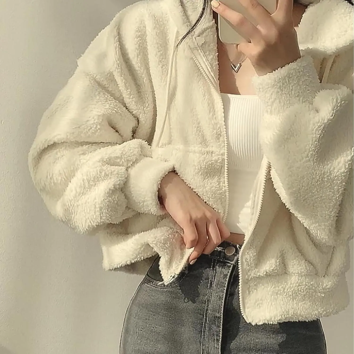 Perbai Womens Fuzzy Fleece Cropped Hoodie Zip Up Fluffy Sherpa Sweatshirt Jacket with Pockets
