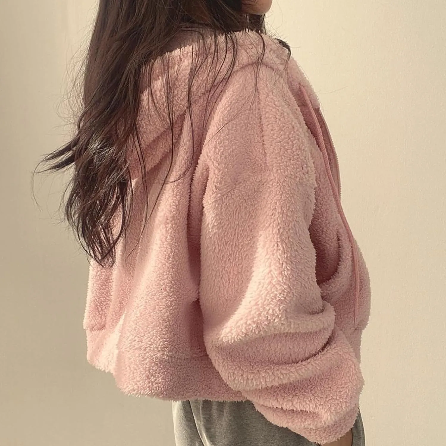 Perbai Womens Fuzzy Fleece Cropped Hoodie Zip Up Fluffy Sherpa Sweatshirt Jacket with Pockets