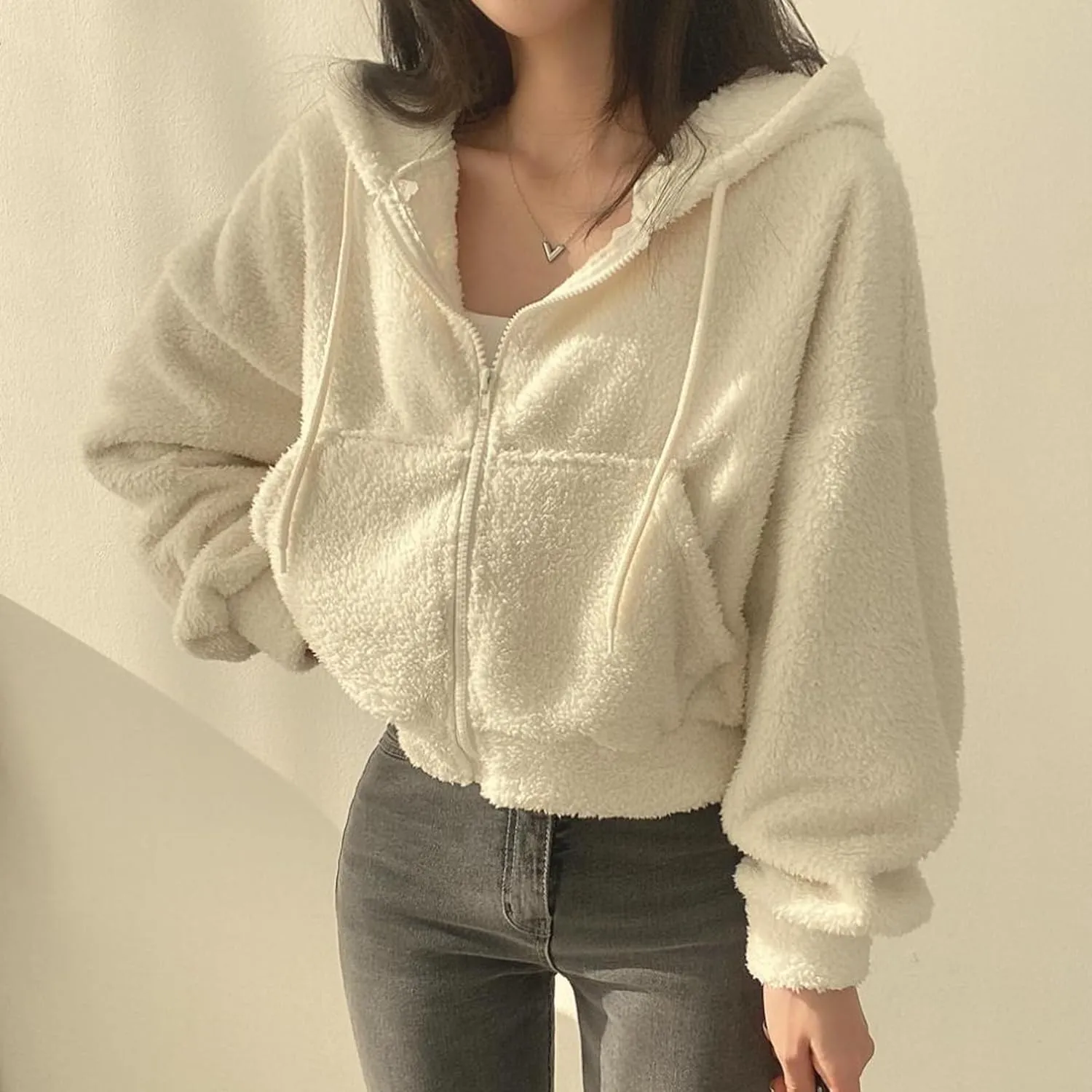 Perbai Womens Fuzzy Fleece Cropped Hoodie Zip Up Fluffy Sherpa Sweatshirt Jacket with Pockets
