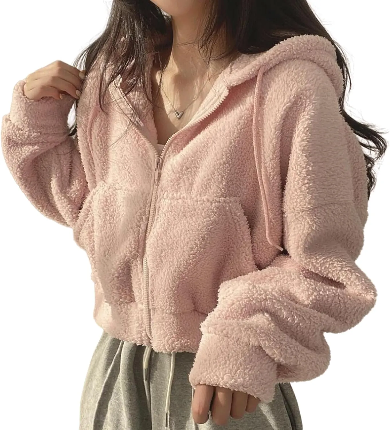 Perbai Womens Fuzzy Fleece Cropped Hoodie Zip Up Fluffy Sherpa Sweatshirt Jacket with Pockets