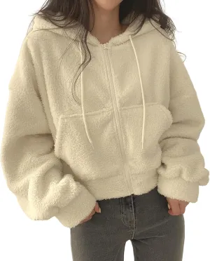 Perbai Womens Fuzzy Fleece Cropped Hoodie Zip Up Fluffy Sherpa Sweatshirt Jacket with Pockets