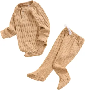 Qiylii 2 Piece Newborn Baby Girls Boys Clothes Sets Infant Solid Color Knit Cotton Romper Tops Pant Footies 0-18M