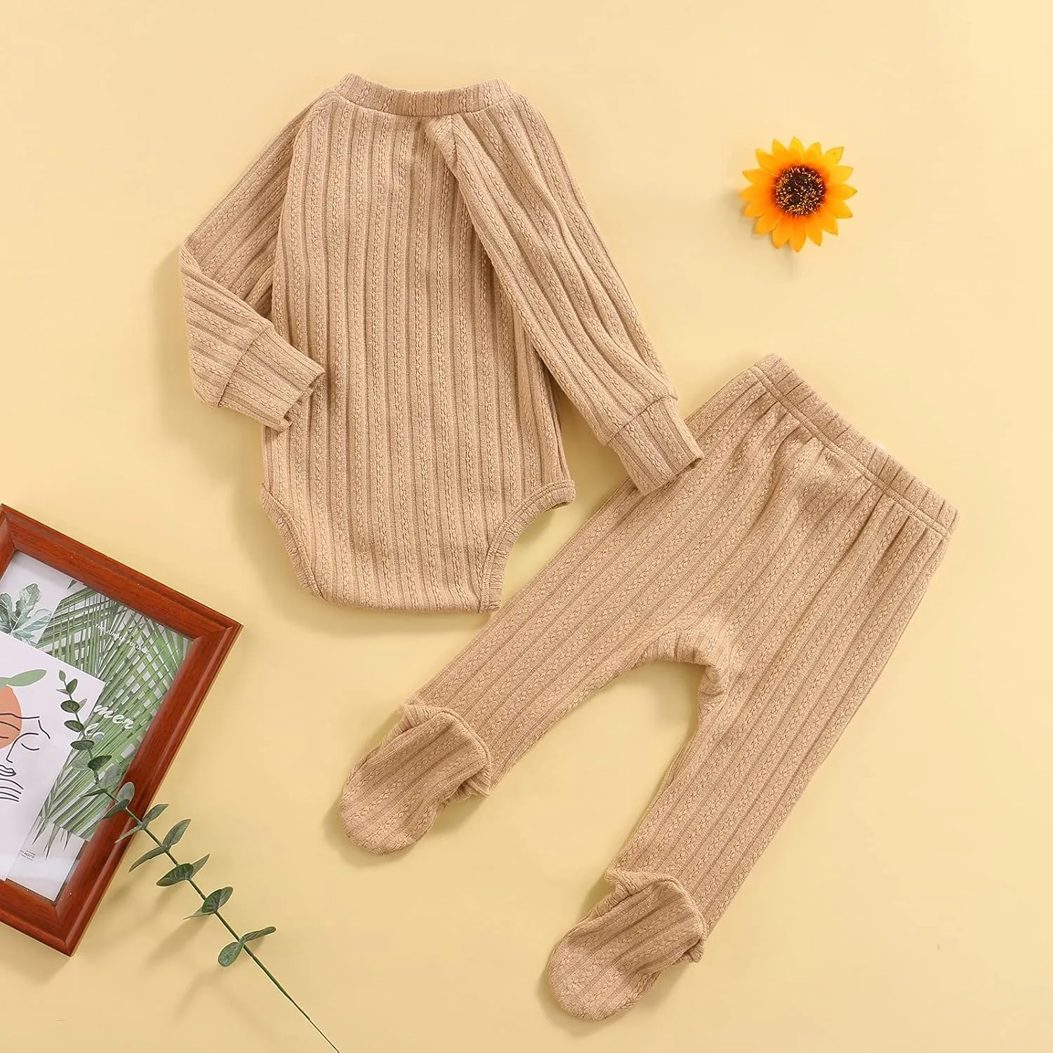 Qiylii 2 Piece Newborn Baby Girls Boys Clothes Sets Infant Solid Color Knit Cotton Romper Tops Pant Footies 0-18M