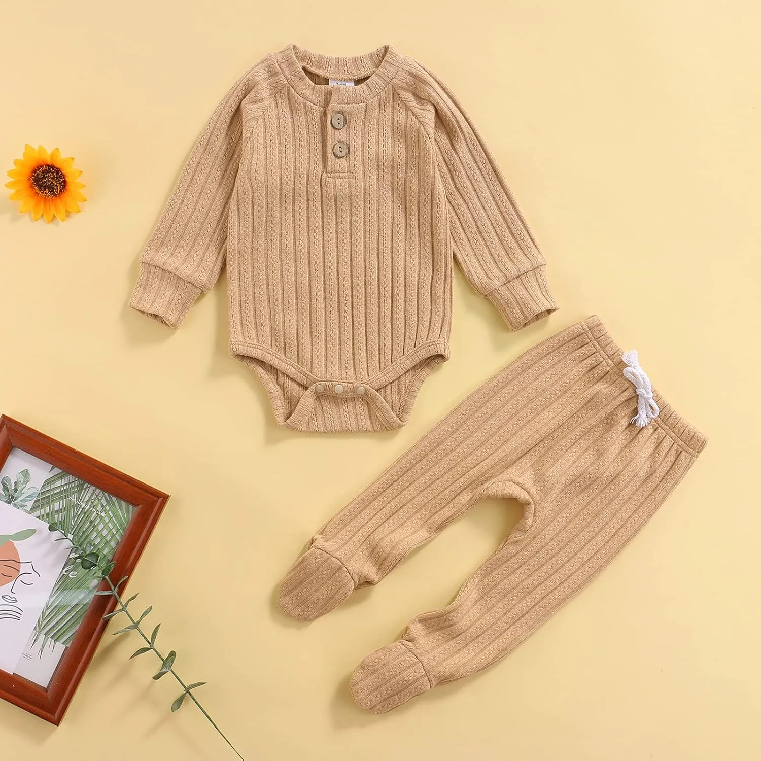Qiylii 2 Piece Newborn Baby Girls Boys Clothes Sets Infant Solid Color Knit Cotton Romper Tops Pant Footies 0-18M