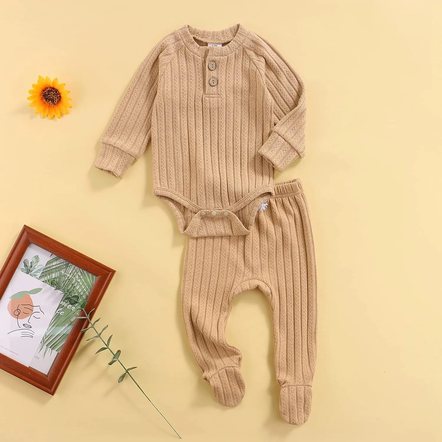 Qiylii 2 Piece Newborn Baby Girls Boys Clothes Sets Infant Solid Color Knit Cotton Romper Tops Pant Footies 0-18M