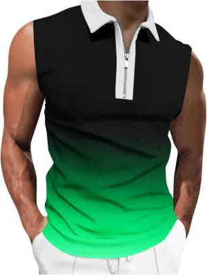 Quarter Zip Collared Pullover Tops Men Muscle Fit Sleeveless Shirts Tie Dye Vintage Tees Summer Beach Active Tank Top