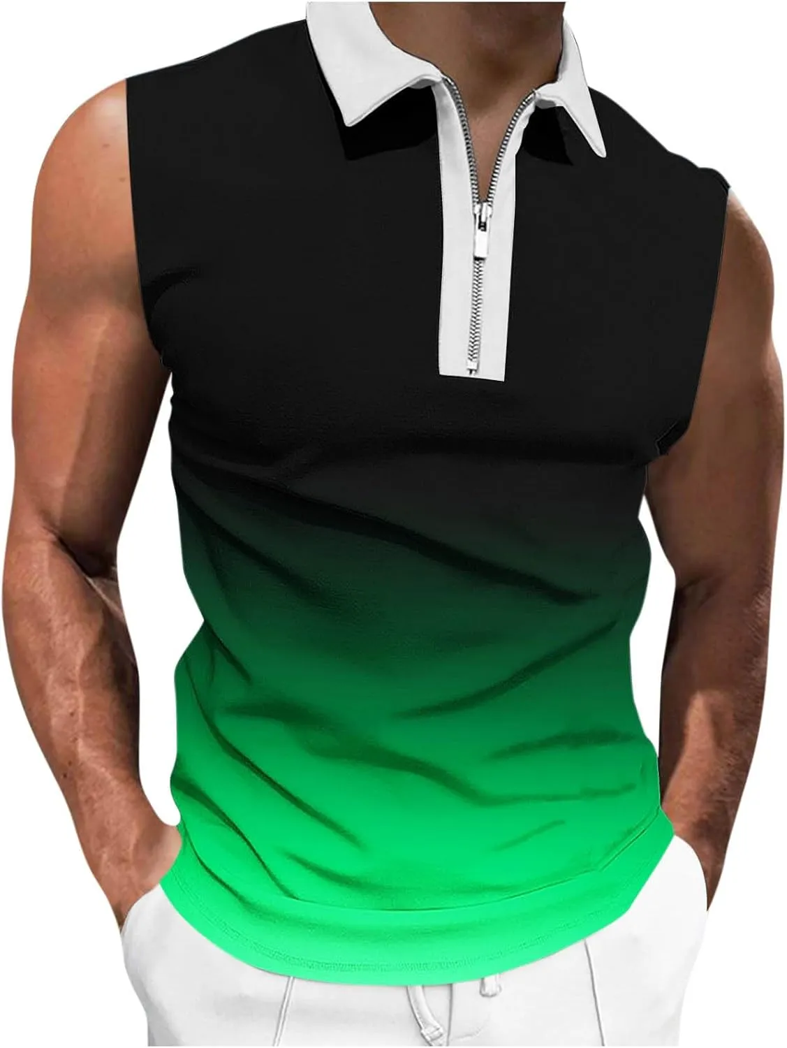 Quarter Zip Collared Pullover Tops Men Muscle Fit Sleeveless Shirts Tie Dye Vintage Tees Summer Beach Active Tank Top