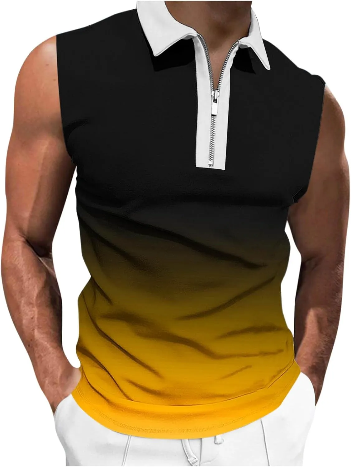 Quarter Zip Collared Pullover Tops Men Muscle Fit Sleeveless Shirts Tie Dye Vintage Tees Summer Beach Active Tank Top