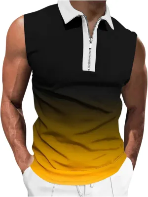 Quarter Zip Collared Pullover Tops Men Muscle Fit Sleeveless Shirts Tie Dye Vintage Tees Summer Beach Active Tank Top