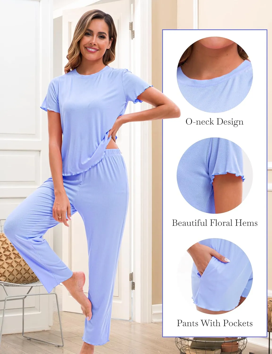 Ribbed Pajama Set Women Shorts Pants 3 Piece Summer Knit Lounge Sets for Women Lettuce Trim Soft Loungewear Comfy Pjs
