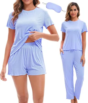 Ribbed Pajama Set Women Shorts Pants 3 Piece Summer Knit Lounge Sets for Women Lettuce Trim Soft Loungewear Comfy Pjs